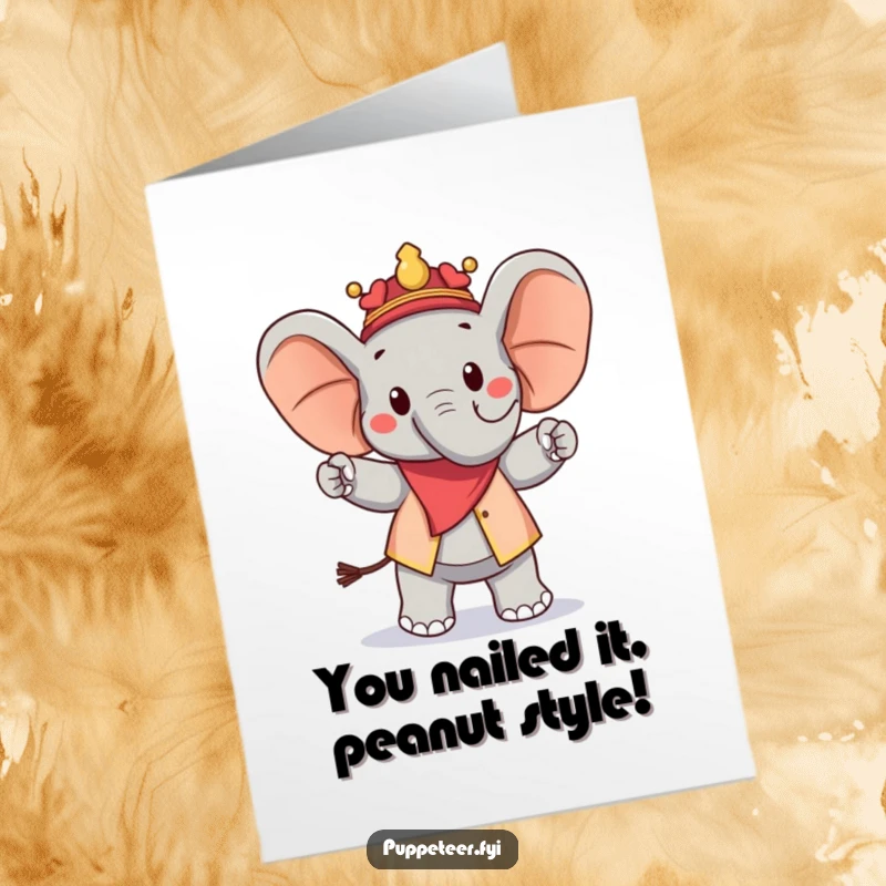 Funny free printable congratulations card showing a happy elephant puppet master commanding a proud peanut puppet.