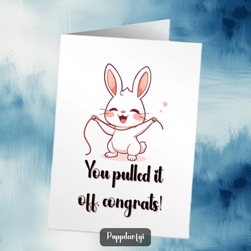Funny Free Printable Congrats Card: A cute rabbit puppet master joyfully manipulates strings, celebrating success with a whimsical touch.