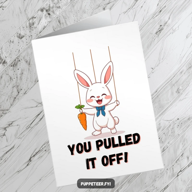 Funny Free Printable Congratulations Card: A cheerful bunny puppet master leads a carrot on a string, celebrating success with a delightful performance.