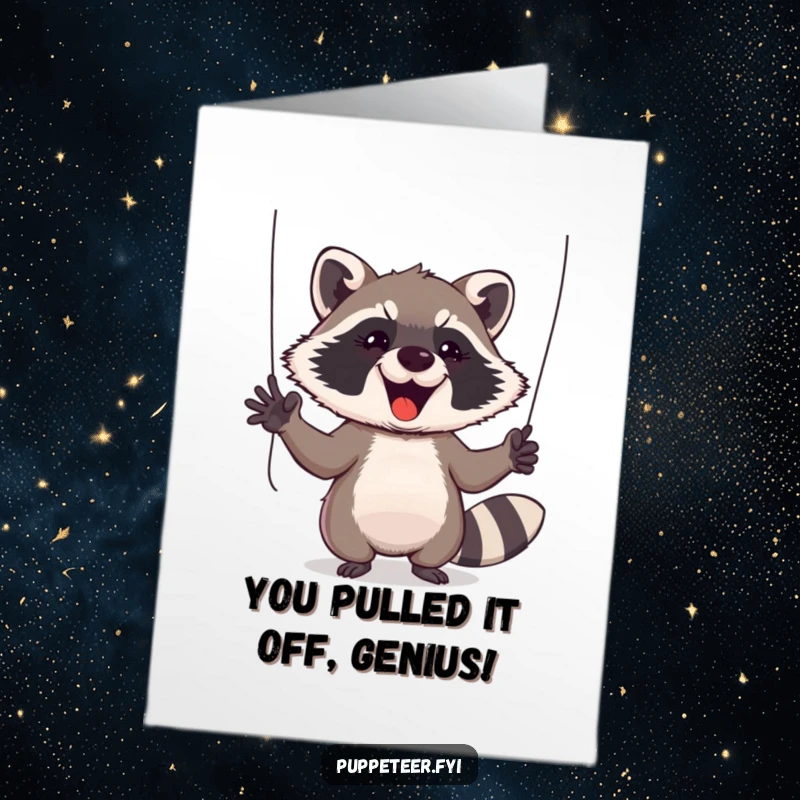 Funny Free Printable Congratulations Card: Enthusiastic raccoon gesturing wildly with puppet-control strings, celebrating success.
