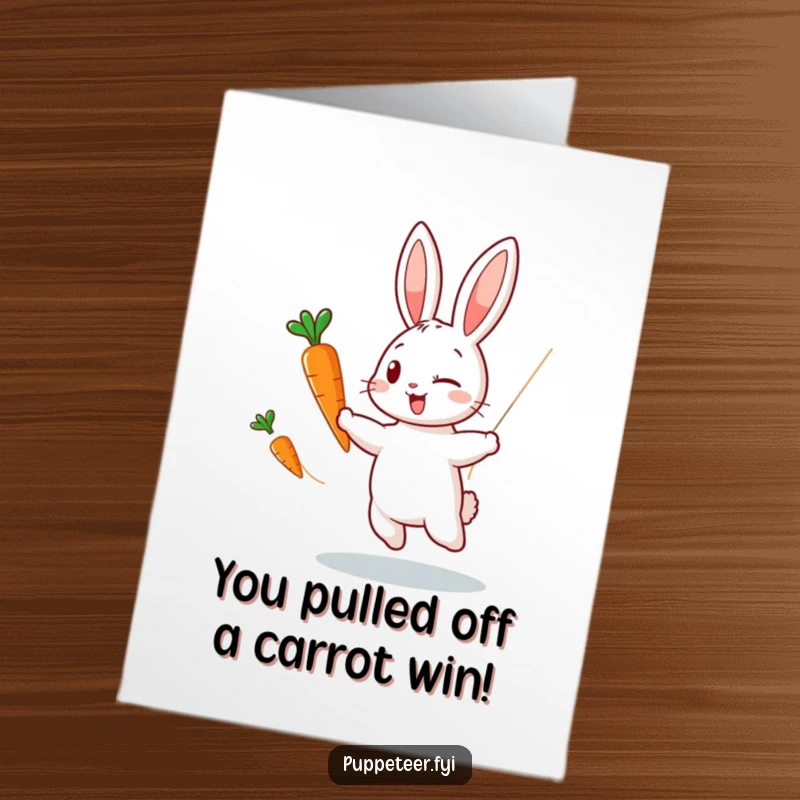 Funny Free Printable Congratulations Card: Winking rabbit puppet master making a carrot dance, celebrating achievements with humor.