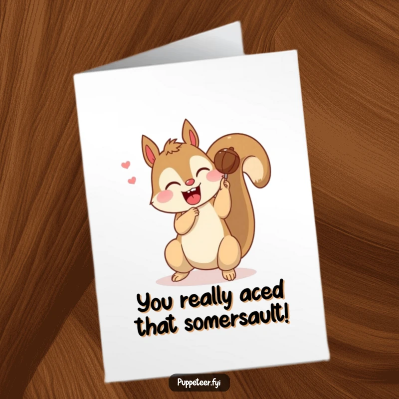 Funny Free Printable Congratulations Card: Giggling squirrel making a nut puppet perform a somersault, celebrating success.