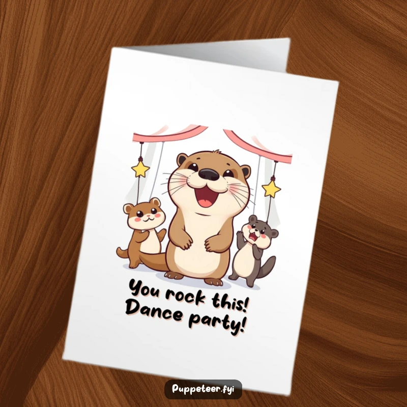 Funny free printable congratulations card featuring a gleeful otter leading a group of animal puppets in a lively dance.