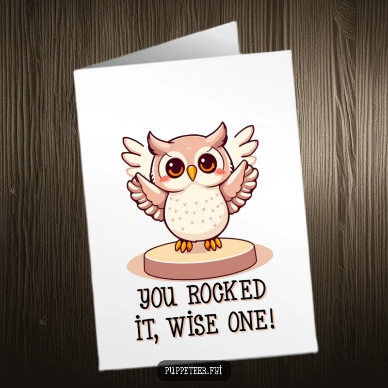 Funny Free Printable Congratulations Card: Cheerful owl in spotlight, wings grandly gesturing, celebrating success with humor.