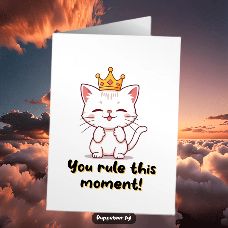 Funny Free Printable Congratulations Card: Mischievous crowned cat tugs on invisible strings, orchestrating success with royal flair.