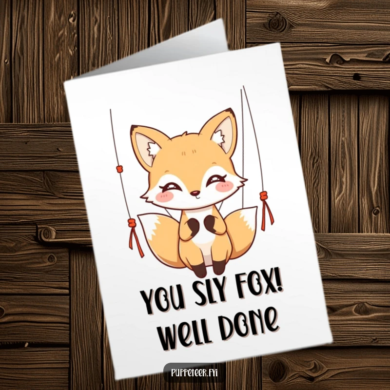 Funny Free Printable Congratulations Card: A kawaii fox with bright, twinkling eyes elegantly controls puppet strings, celebrating a grand achievement.