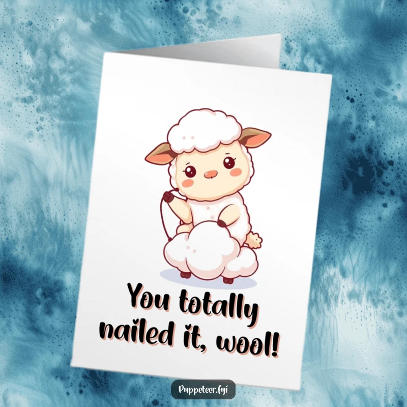Funny Free Printable Sheep Congratulations Card: Beaming sheep controls cloud puppet, celebrating joyous occasions.