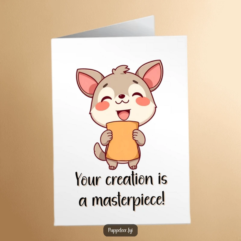 Funny Free Printable Congratulations Card: Proud animal beams, holding up a completed puppet to celebrate achievement.