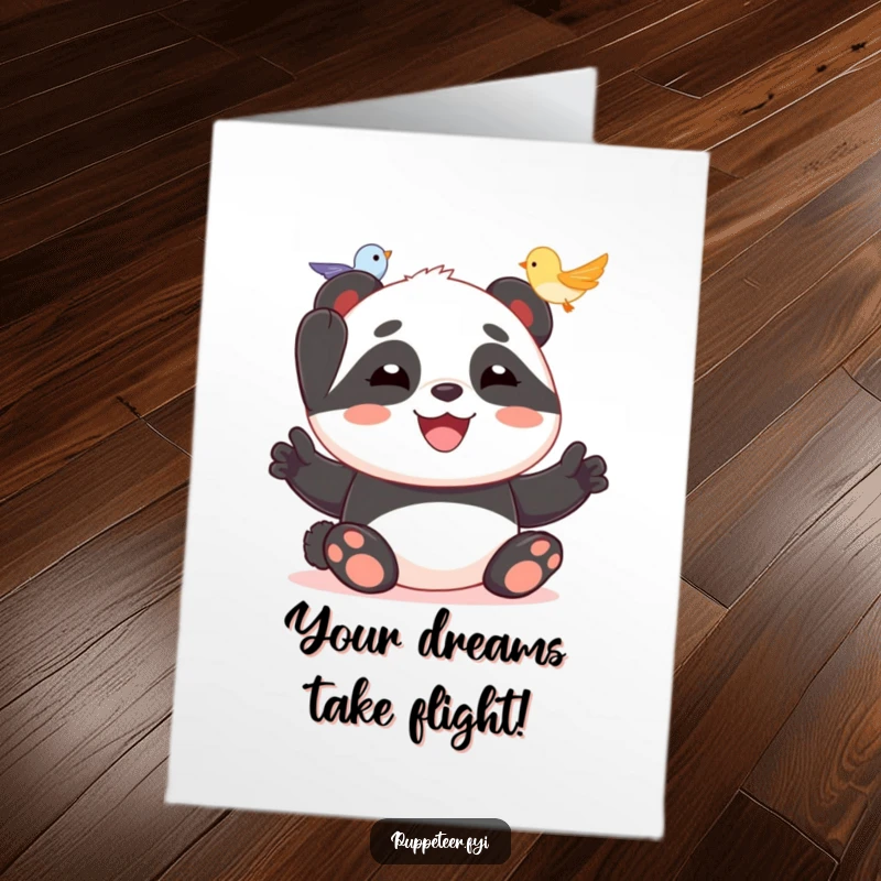 Funny Free Printable Congratulations Card: Happy panda enthusiastically sending a tiny bird puppet soaring through the air.