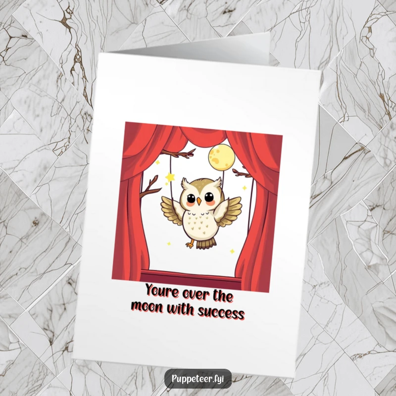 Funny Free Printable Congratulations Card: Happy owl puppet master guiding a moon puppet, symbolizing reaching new heights.