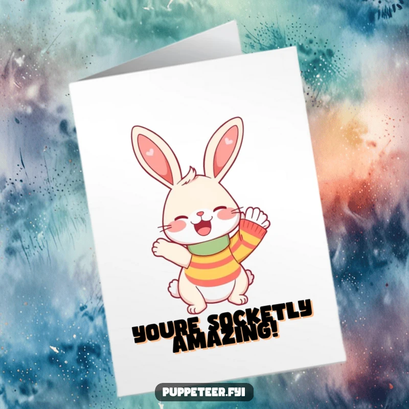 Funny Free Printable Congratulations Card: A happy rabbit makes a sock puppet wave enthusiastically, celebrating a wonderful achievement.