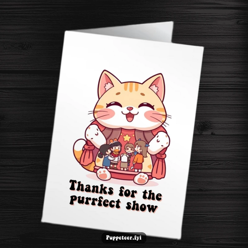 Funny Free Printable Thank You Card featuring a giggling cat proudly displaying a puppet show stage, a creative way to say thanks.