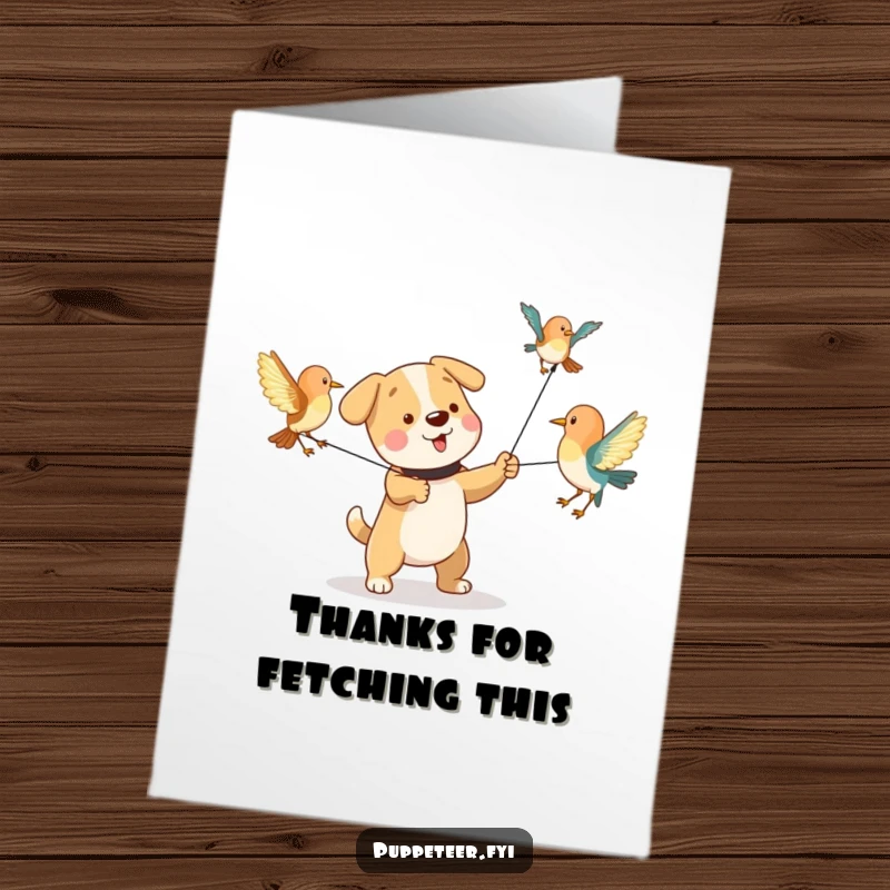 Funny Free Printable Thank You Card featuring a dog making bird puppets fly, a playful way to express gratitude.