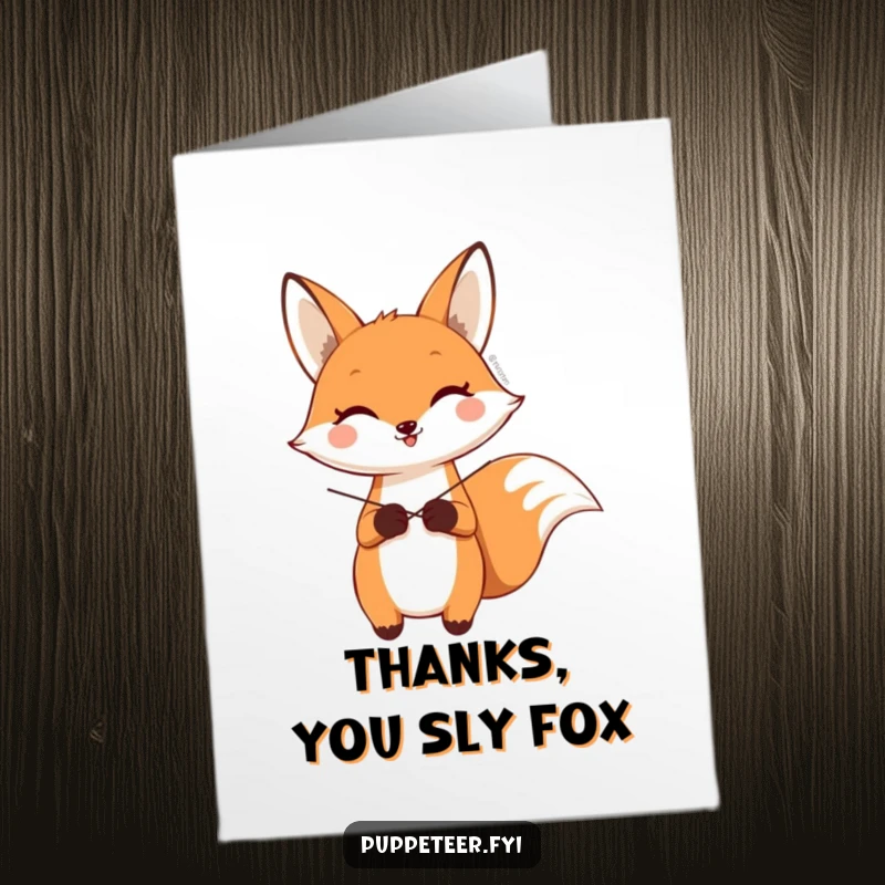 Funny Free Printable Thank You Card showing a fox making a sock puppet wave, a humorous way to show your thanks.