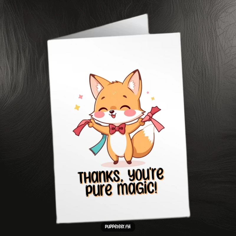 Funny Free Printable Thank You Card: A fox in a bowtie performing a magic trick with scarves, a charming and funny downloadable thank you.