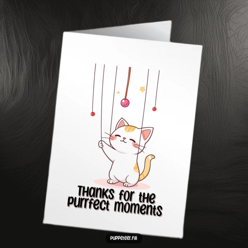 Funny free printable thank you card featuring a sweet kawaii cat batting playfully at imaginary puppet strings, conveying playful appreciation.