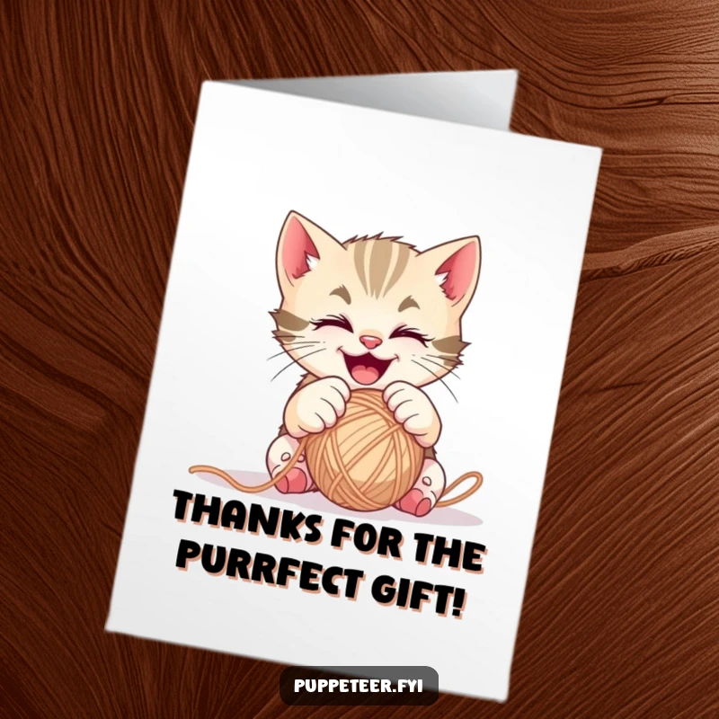 Funny Free Printable Thank You Card: A mischievous kitten tangles with a yarn ball, expressing thanks in the cutest way possible.