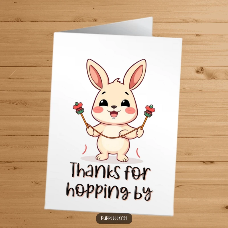 Funny Free Printable Thank You Card with a cheerful rabbit controlling string puppets, a delightful way to convey thanks.