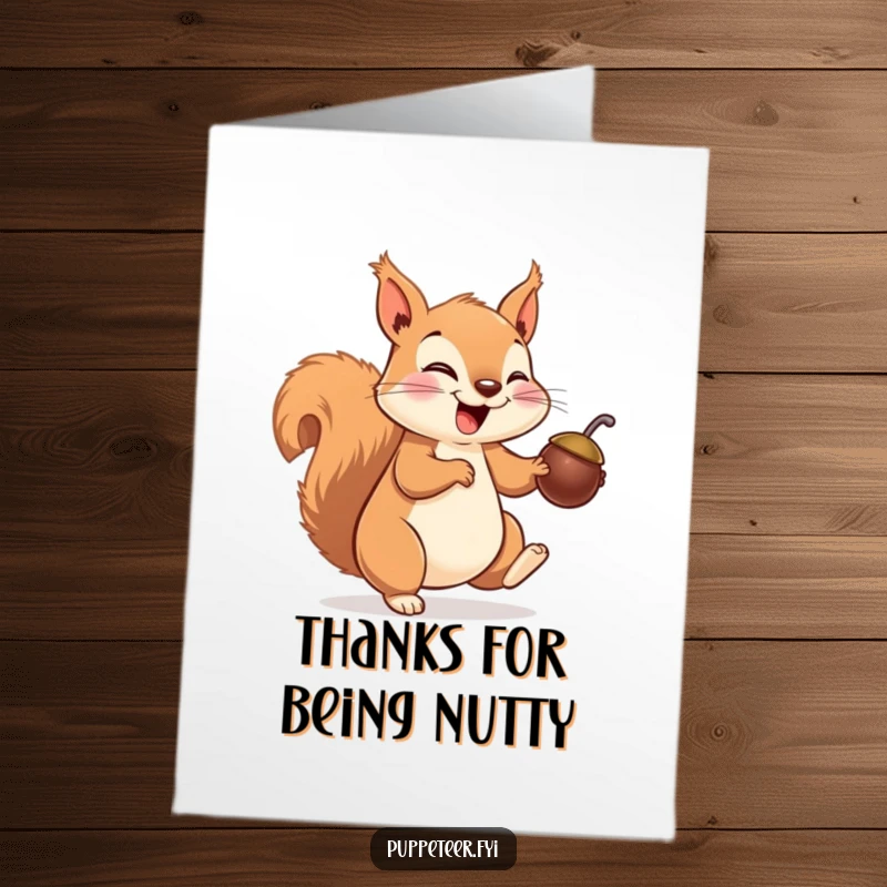 Funny free printable thank you card: a giggling squirrel making a nut puppet hop, conveying thanks with playful charm and humor.