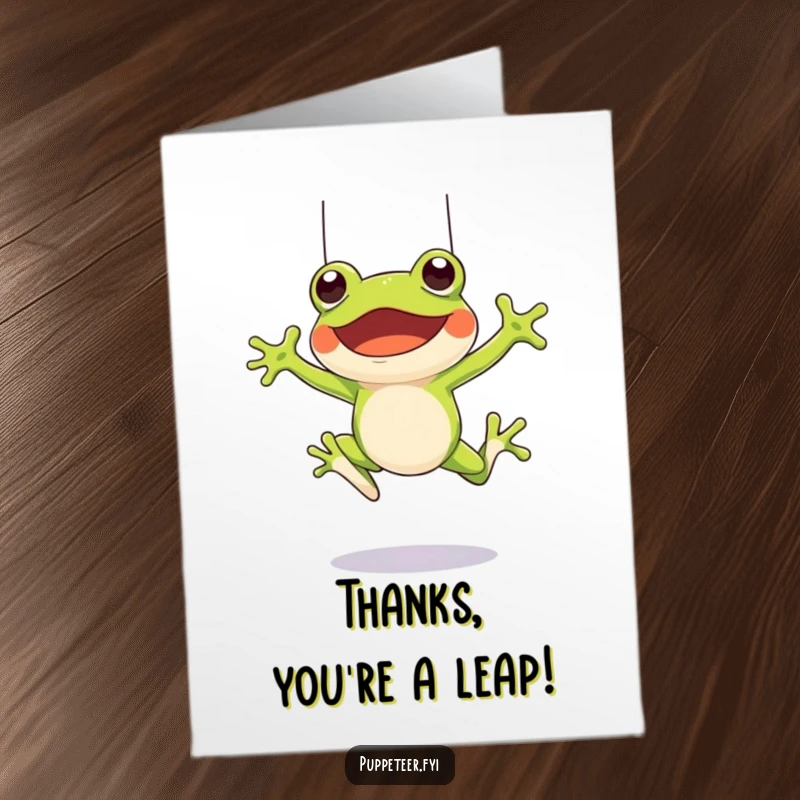 Funny Free Printable Thank You Card: A cheerful frog character leaping, its controlled puppet also jumping, a fun way to say thank you.