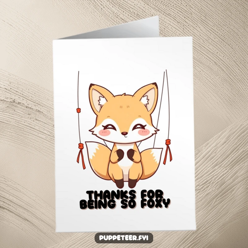 Funny Free Printable Thank You Card: A kawaii fox with sparkling eyes gracefully manipulates puppet strings, expressing refined and playful thanks.
