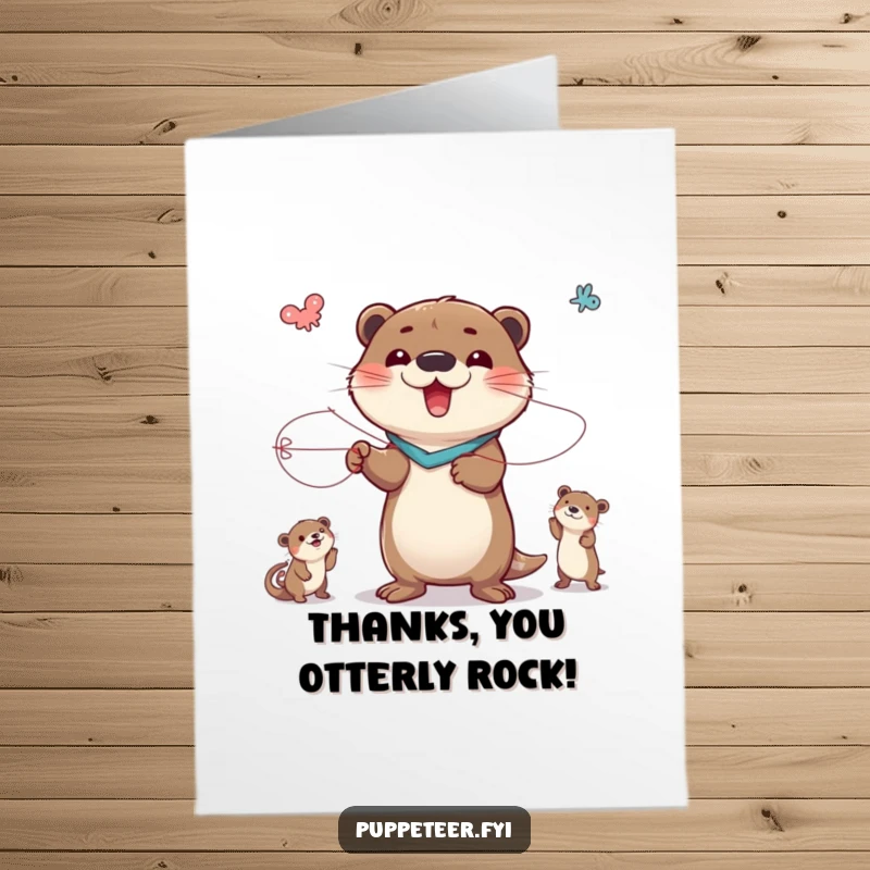 Funny Free Printable Thank You Card: A delighted otter character orchestrating dramatic animal poses with strings, a unique way to say thanks.