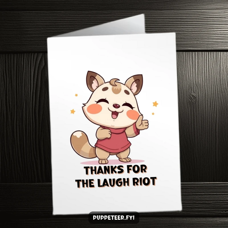 Funny Free Printable Thank You Card: Giggling animal orchestrates a puppet's silly dance as a humorous thank you.