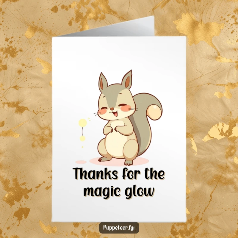 Funny Free Printable Thank You Card: Giggling squirrel uses its tail to play with glowing orbs, showing thanks whimsically.