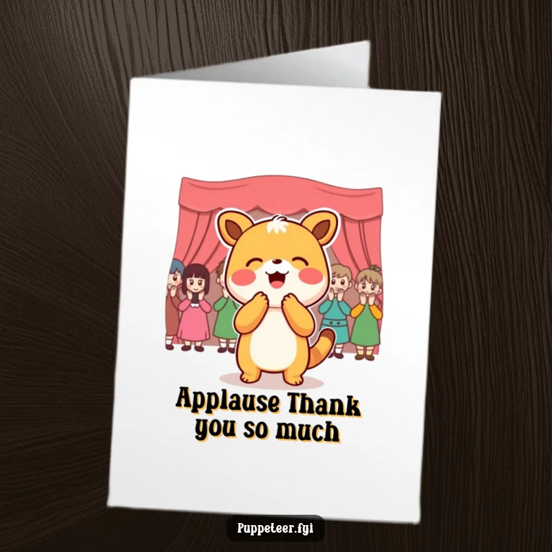 Funny Free Printable Thank You Card depicting a joyful animal bowing to a puppet audience, a charming DIY downloadable gift.