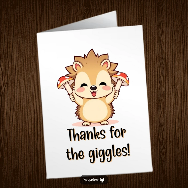 Funny Free Printable Thank You Card: A playful hedgehog controlling two giggling mushroom puppets, offering thanks with a cheerful spirit.