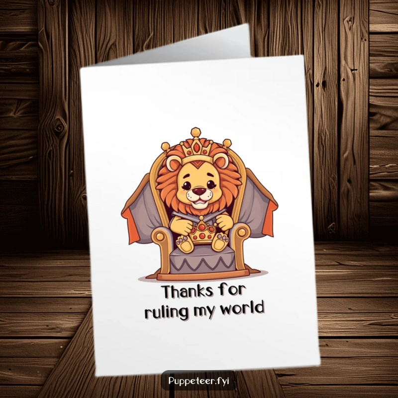 Funny Free Printable Thank You Card: Lion puppet master on throne directing crown puppet, expressing regal gratitude.