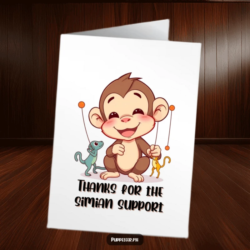 Funny Free Printable Thank You Card: A delighted monkey concentrates on its puppets intricate dance, expressing thanks with focused, artistic flair.