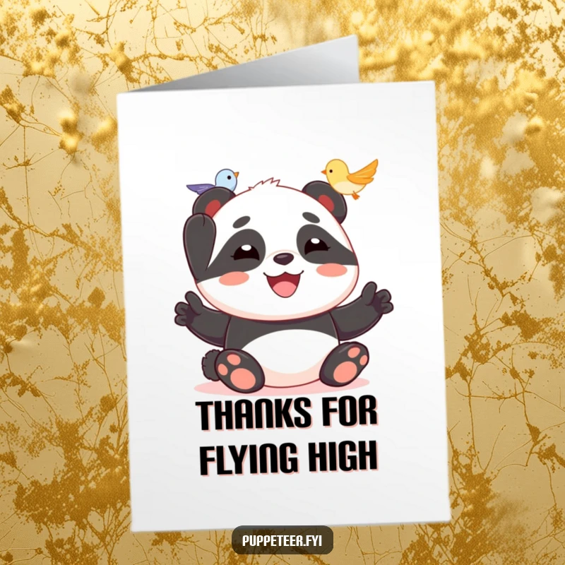 Funny Free Printable Thank You Card: Joyful panda making a small bird puppet fly to express thanks.