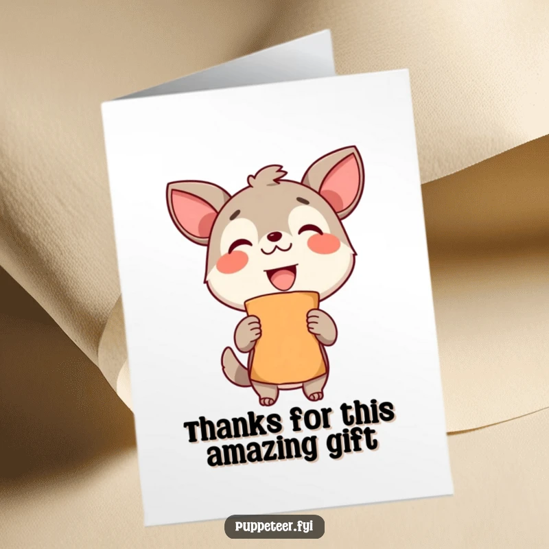 Funny Free Printable Thank You Card: Proud animal shows off a finished puppet, conveying thanks with a happy grin.