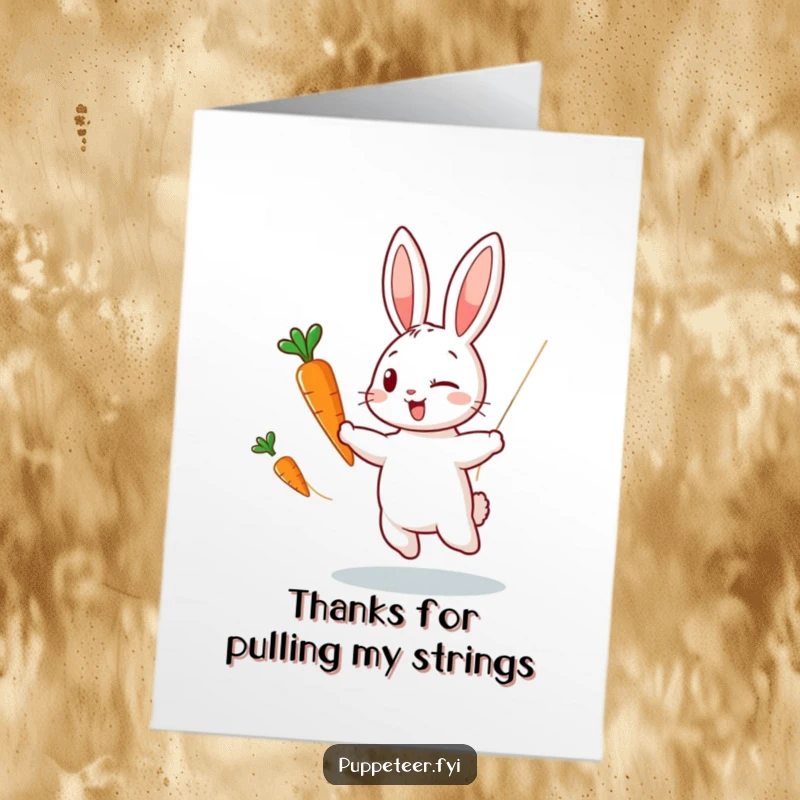 Funny Free Printable Thank You Card: Winking rabbit making a carrot puppet dance to show appreciation, quirky and fun.