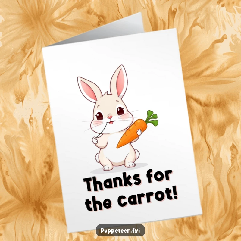 Funny Free Printable Thank You Card: A rabbit enthusiastically controls a carrot puppet, a delightful downloadable gift.