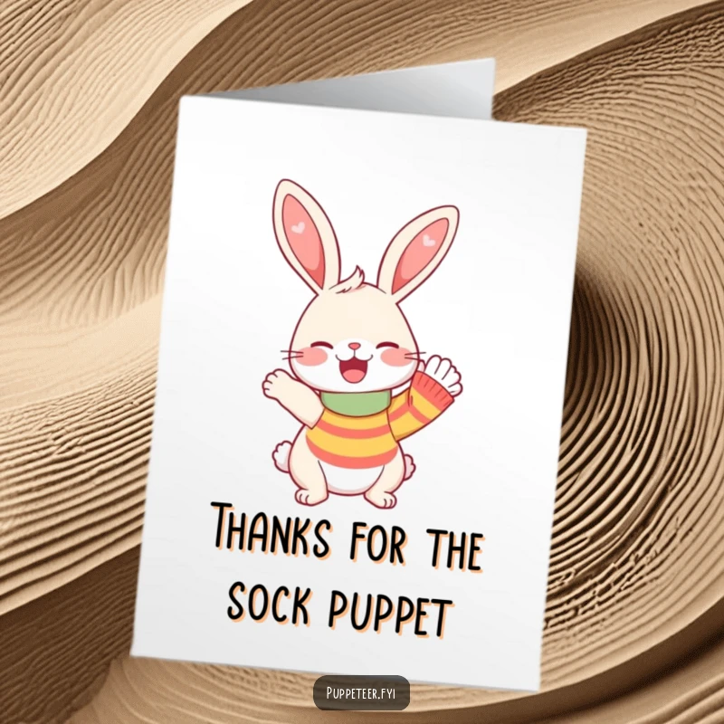 Funny Free Printable Thank You Card: A happy rabbit makes a sock puppet wave enthusiastically, conveying thanks with a playful gesture.