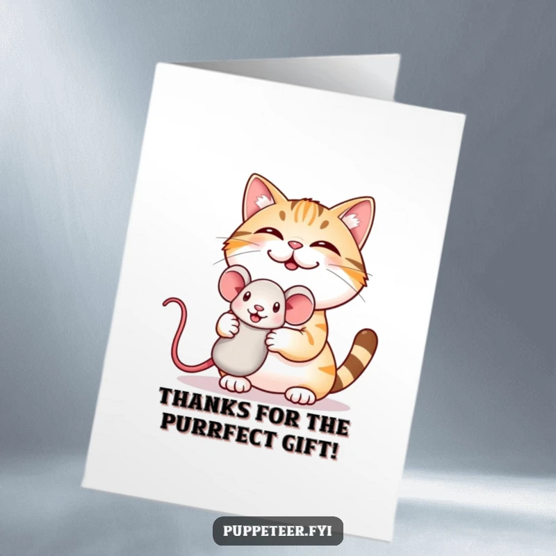 Funny free printable thank you card with a giggling cat proudly holding up a bouncing mouse puppet to express thanks.