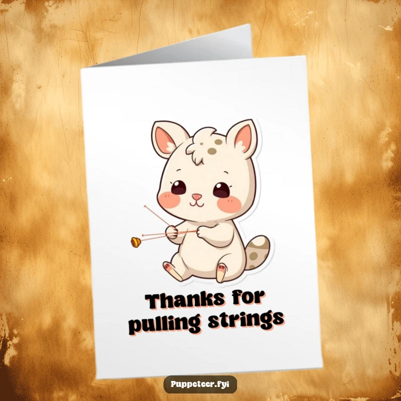 Funny Free Printable Thank You Card with a cheerful animal focused on puppet strings, great for a DIY downloadable gift.