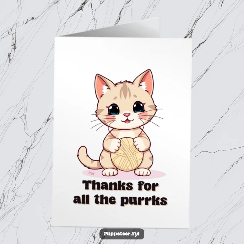 Funny Free Printable Thank You Card: Playful cat wiggling strings, making a yarn ball puppet dance with joy.