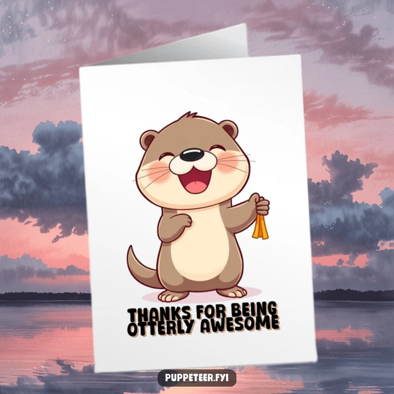 Funny Free Printable Thank You Card: A cheerful otter delights with a puppet dance performance, expressing gratitude with a joyful and whimsical touch.