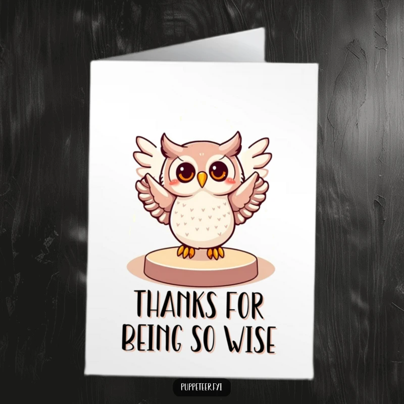 Funny Free Printable Thank You Card: Cheerful owl in spotlight, wings gesturing, expressing thanks with theatrical flair.