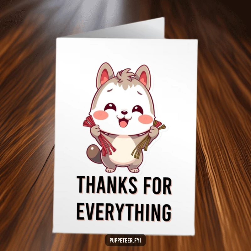 Funny Free Printable Thank You Card: A smiling animal character holds multiple strings, looking cheerful and focused.