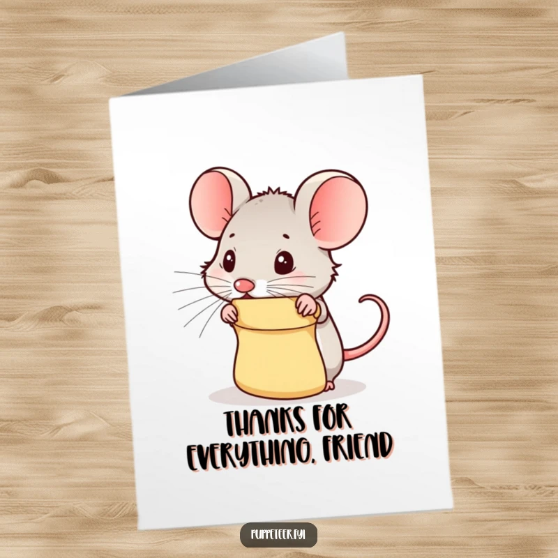 Funny Free Printable Thank You Card: A shy mouse peeks from a puppet, a humorous way to send gratitude and spread cheer.