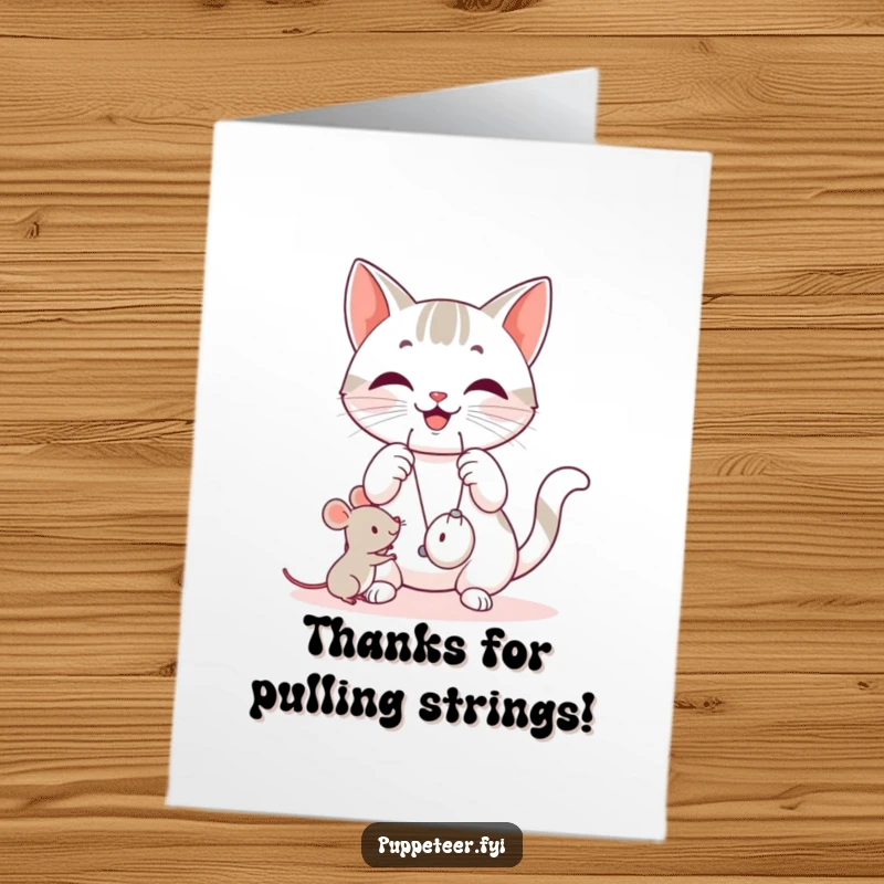 Funny Free Printable Thank You Card: A happy cat manipulates strings, causing a small mouse toy to jump, showing playful thanks.