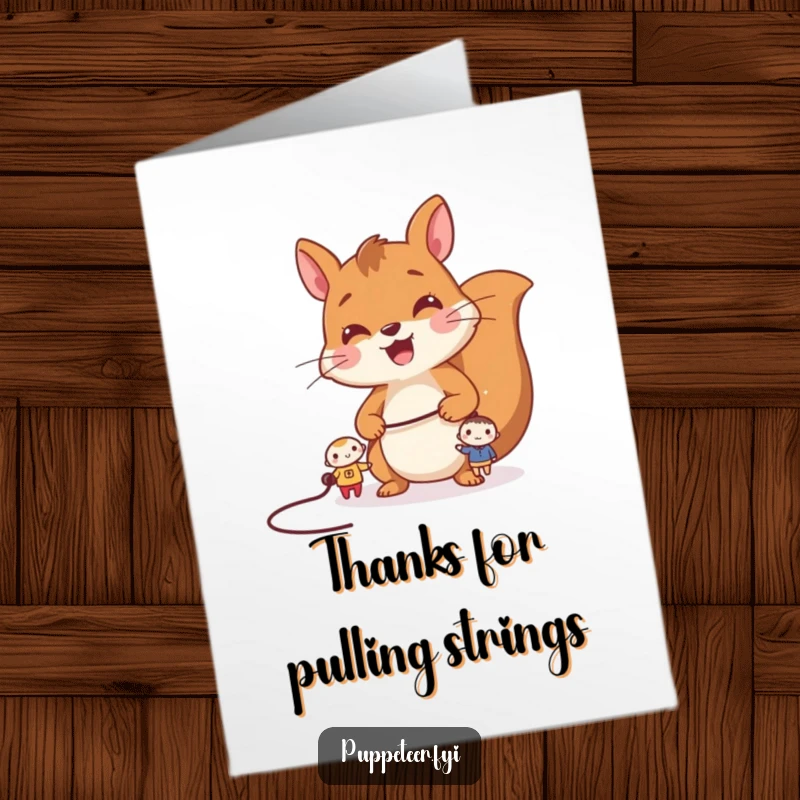 Funny Free Printable Thank You Card: Cheerful squirrel controls two tiny characters with a single long string, saying thanks.