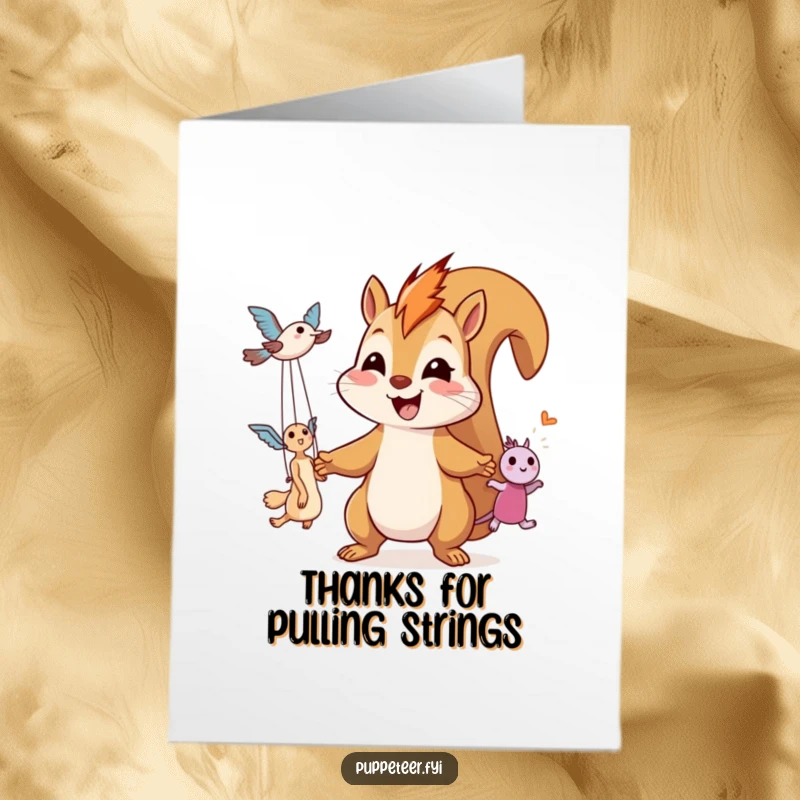 Funny Free Printable Thank You Card: A giggling squirrel puppeteer masterfully manipulating two airborne puppets with a joyful grin, expressing thanks.