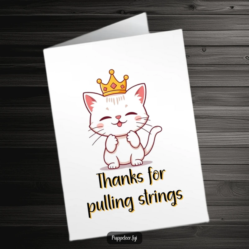 Funny Free Printable Thank You Card: Mischievous cat with a crown pulls invisible strings, a regal and humorous thank you.