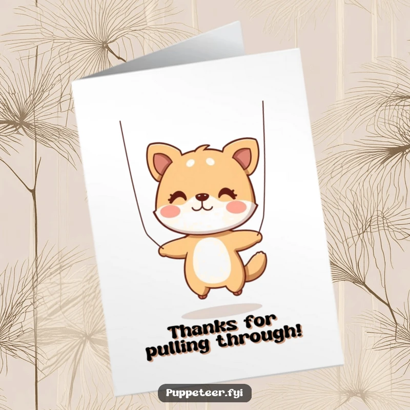 Funny Free Printable Thank You Card with an animal controlling a jumping puppet, conveying thanks with a sense of fun and movement.