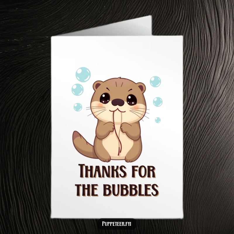 Funny free printable thank you card: a curious otter with wide eyes holding strings attached to bubbles.